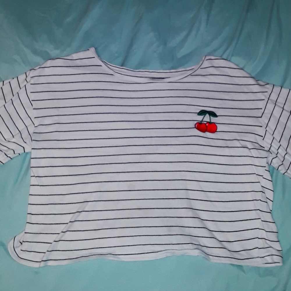 Girls Size L, Cute Striped Cherry Crop Top.